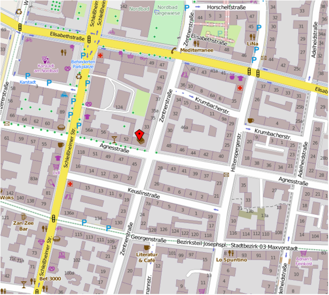 Openstreetmap-Kartenausschnitt mit Lagebeschreibung der Geschäftsstelle des Corpus barocke Deckenmalerei am Institut für Kunstgeschichte in München